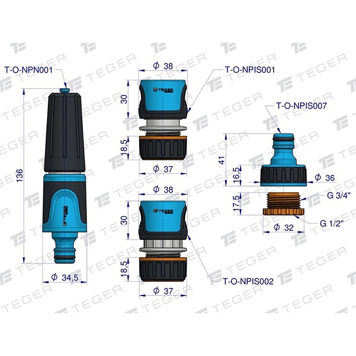 Picture of Teger watering set 1/2" (20m hose + 3x hose fittings + spray nozzle)