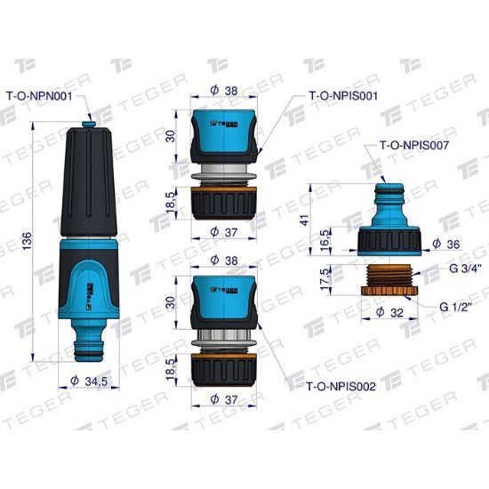 Picture of Teger watering set 1/2" (20m hose + 3x hose fittings + spray nozzle)