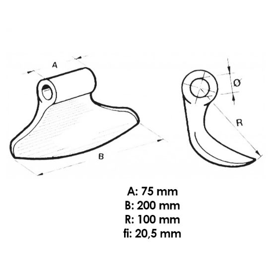 Bild von Hammerschlegel für Mulcher, Ösenbreite=75, Bohrung O20.5, Breite=200mm