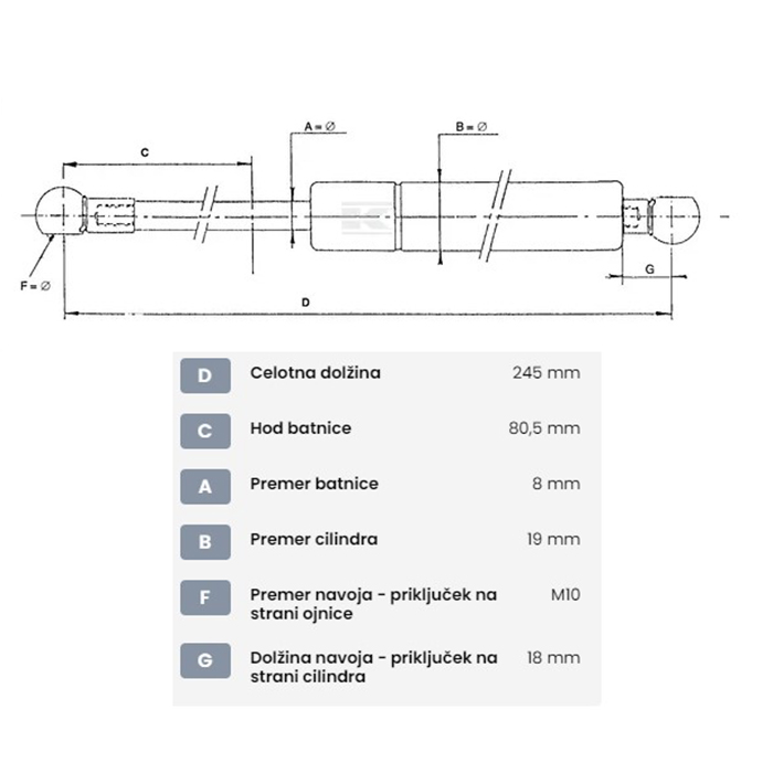 Picture of Plinska vzmet za vrata Deutz DL-245mm 500N - 04416549