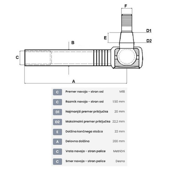 Bild von Končnik volana Case, MF3426336M not.navoj M18x1,5,K=20,L=200mm